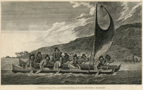 John Webber, an artist aboard British Navigator James Cook's ship, represents Hawaiians sailing a double-hulled canoe. Image: Bernice Pauahi Bishop Museum