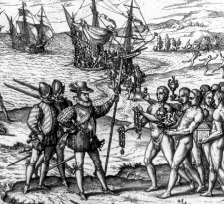 Columbus landing on Hispaniola, greeted by Arawak Indians. Image: Theodor de Bry