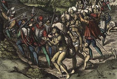 Spaniards enslave Native Americans. Image: Theodor de Bry