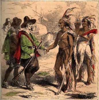 Interview of Samoset with the Pilgrims. Image: Baharris.org