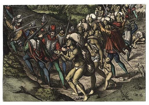 Native Americans enslaved by Spaniards. Image: Theodor de Bry