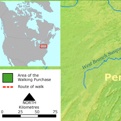 The area acquired by the Penns under the Walking Treaty of 1737. Image: Nikater