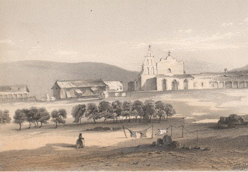 Idealized 19th century depiction of San Diego Mission, California. Image: The Bancroft Library, UC Berkeley