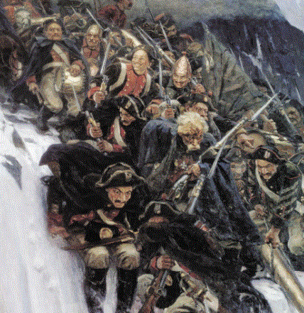 Russian troops under Suvorov crossing the Alps in 1799. Image: Vasily Surikov