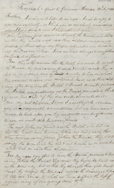 Transcription of speech made my Shawnee Chief Tecumseh, August 20, 1810 during his meeting with Indiana Territory Governor William Henry Harrison. Image: Indiana Historical Society.