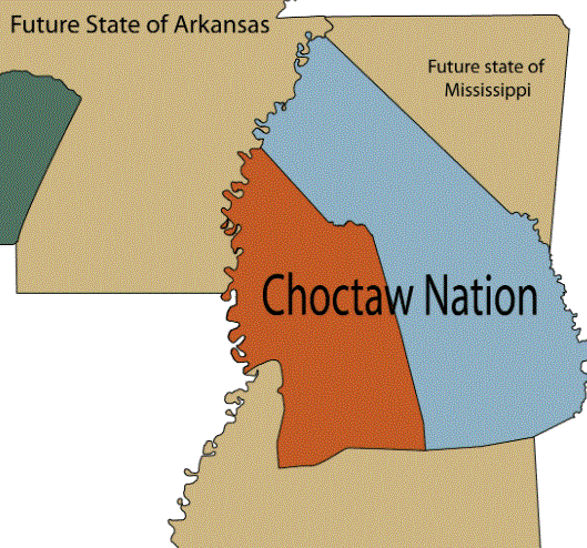 Map of Arkansas, Mississippi, Oklahoma in relation to Choctaw land ceded to the U.S. According to the Treaty of Doak's Stand, the area in orange was ceded to the U.S., and the area in green was ceded to the Choctaw nation. Image: Rob