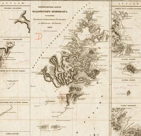 Chart of Kodiak, Alaska, with detailed insets of areas around dwelling places. Image: University of Alaska Archives Fairbanks