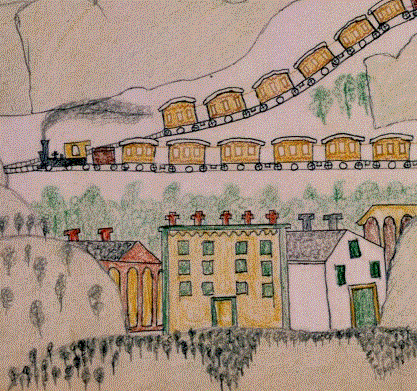 Ledger drawing of two trains. Image: David Pendleton Oakerhater; Dickinson Research Center, National Cowboy and Western Heritage Museum