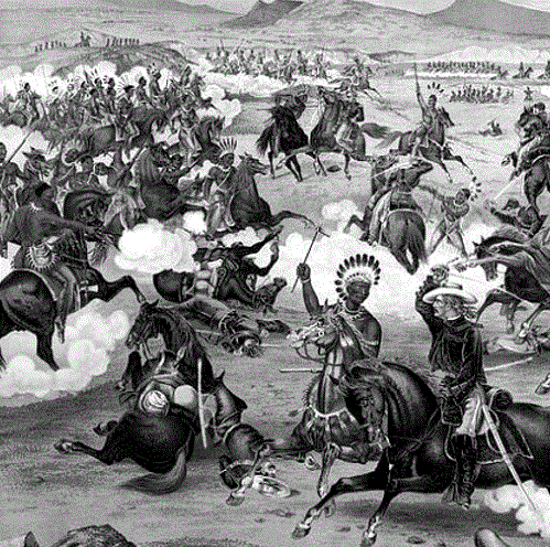 General Custer on horseback with his U.S. Army troops in battle with the Lakota Sioux, Crow, Northern, and Cheyenne, Little Bighorn Battlefield. Image: Seifert Gulger & Co.