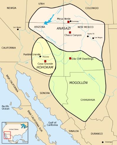 Map showing Anasazi, Hohokam, and Mogollon settlements in what is now known as New Mexico and Arizona. Image: National Library of Medicine