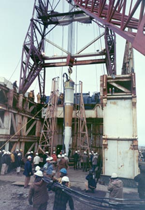 Cannikin warhead being lowered into test shaft, Amchitkam, Alaska