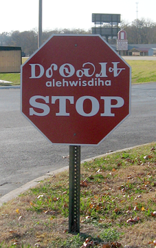 Traffic sign in Cherokee syllabary, Tahlequah, Oklahoma. Image: Uyvsdi