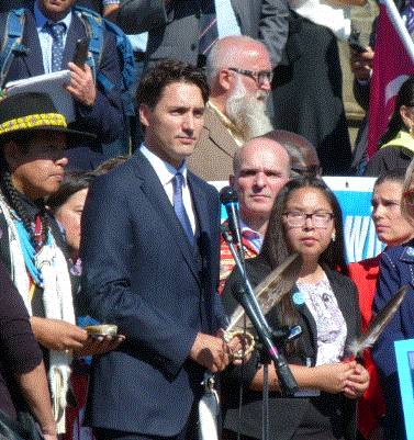 Canadian Prime Minister Trudeau giving a speech on missing and murdered Indigenous women. Image: Delusion23